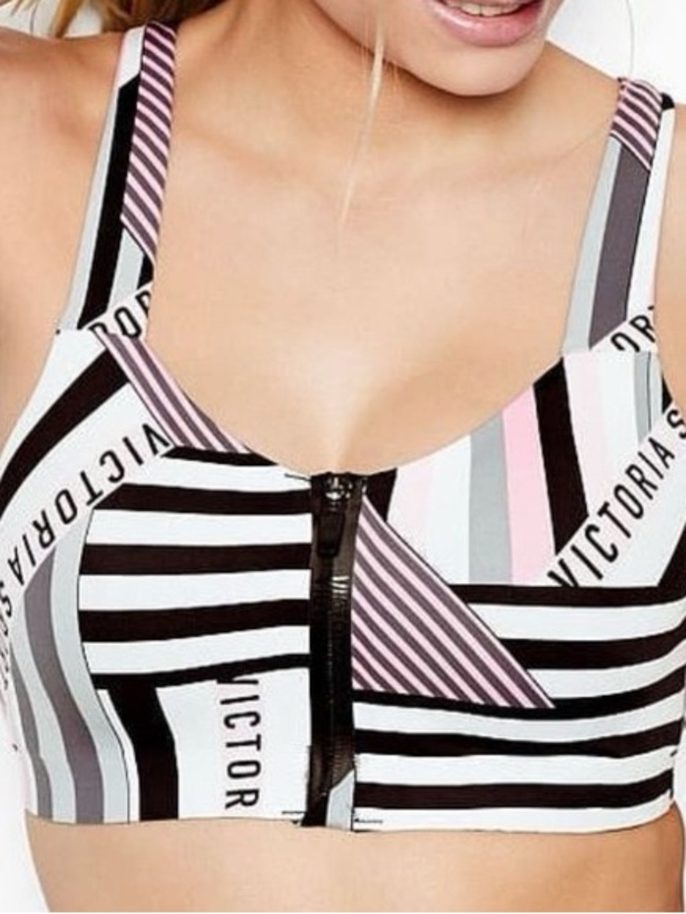 Victoria's Secret Striped Front-Zip One-Piece in Pink, Black & White